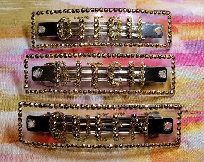 QUEEN BITCH hair barrettes pins clips accessories gold rhinestones - 2 styles - One of a Kind