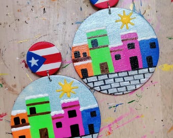 Hand painted Isla del Encanto Puerto Rico casitas earrings - Large