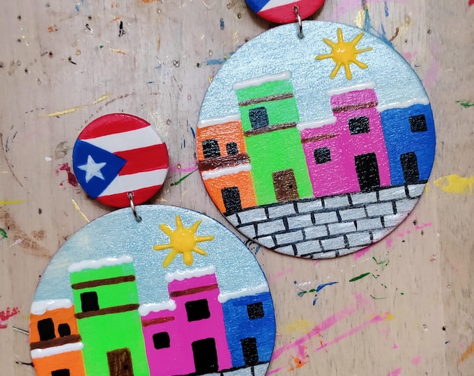 Hand painted Isla del Encanto Puerto Rico casitas earrings - Large
