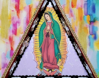 Virgen de Guadalupe triangle Shadow box mixed media - red green lavender - One of a Kind