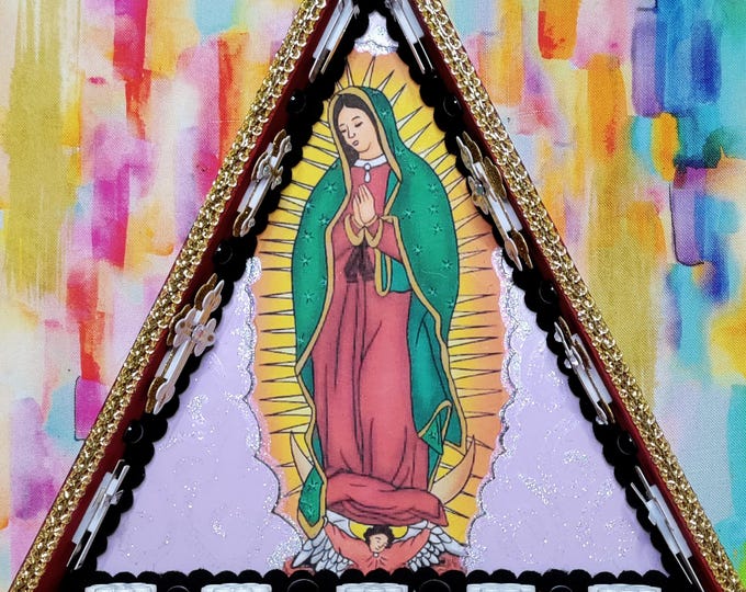 Virgen de Guadalupe triangle Shadow box mixed media - red green lavender - One of a Kind