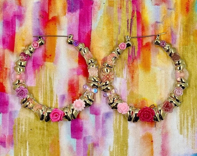 Faux gold bamboo hoop pink charm junk earrings - ONE OF A KIND