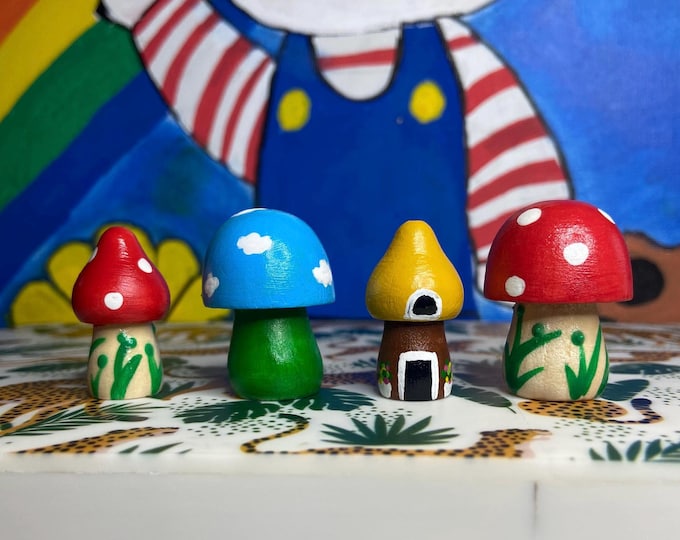 Whimsical hand painted mini wooden mushrooms - Set of 4 - One of a Kind
