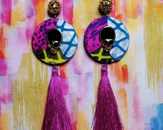 Mixed media multi color feather black Skull pink tassel wood earrings - One of a Kind