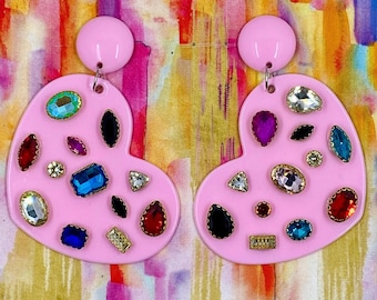 Pink heart assorted gem rhinestone earrings - ONE OF A KIND