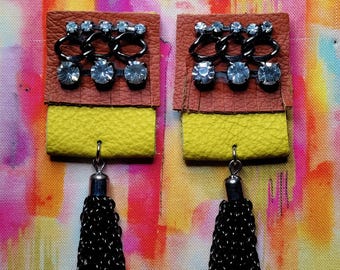 Leather rhinestone chain tassel earrings - One of a Kind