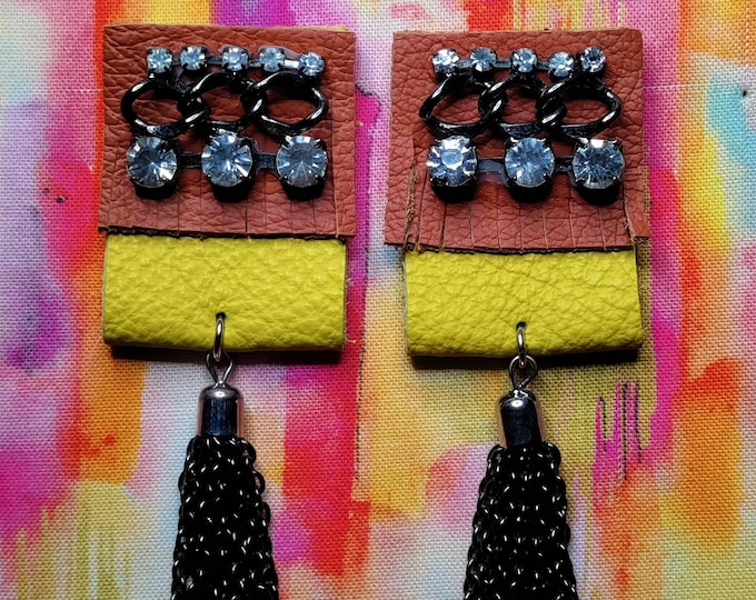 Leather rhinestone chain tassel earrings - One of a Kind