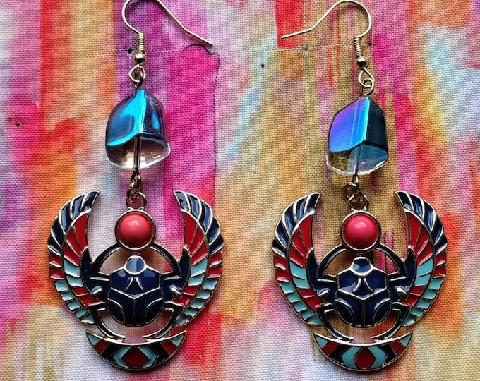 Colorful Egyptian scarab iridescent glass bead earrings - One of a Kind