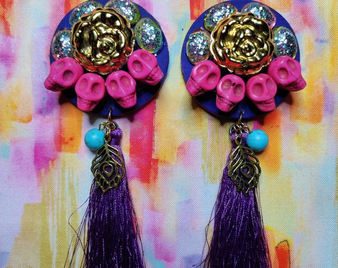 Skull mixed media tassel earrings - One of a Kind