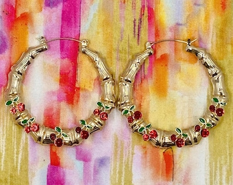 Faux gold bamboo hoop earrings with rhinestone red cherries - ONE OF A KIND