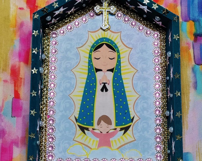 Children's Virgen de Guadalupe Shadow box mixed media - pink teal silver - One of a Kind