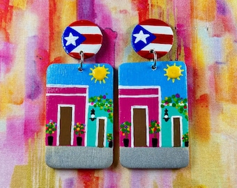 Hand painted Isla del Encanto Puerto Rico casitas earrings - small