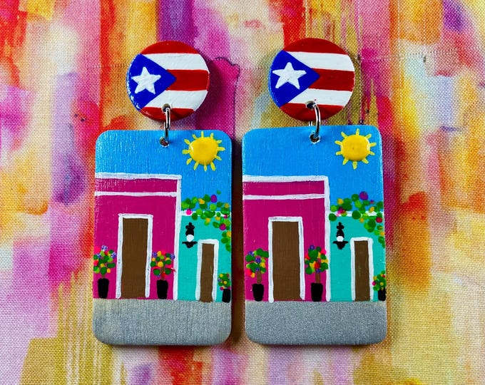 Hand painted Isla del Encanto Puerto Rico casitas earrings - small