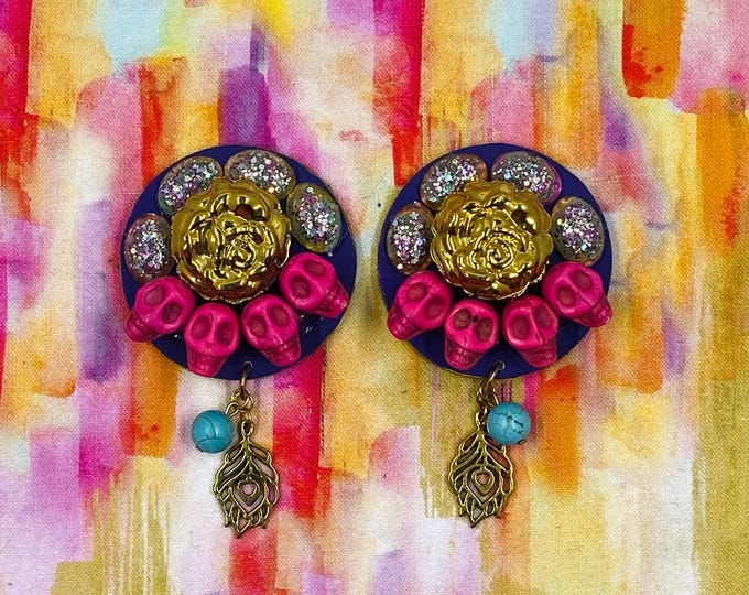 Pink Skull mixed media feather earrings - One of a Kind