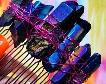 Sapphire Blue luster quartz nugget hair comb - One of a Kind