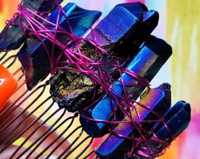 Featured listing image: Sapphire Blue luster quartz nugget hair comb