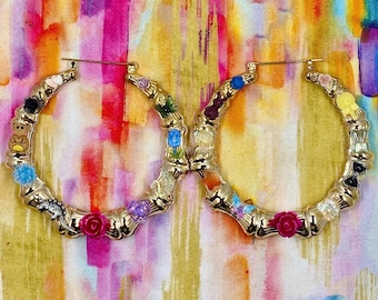 Faux gold bamboo hoop charm junk earrings - ONE OF A KIND