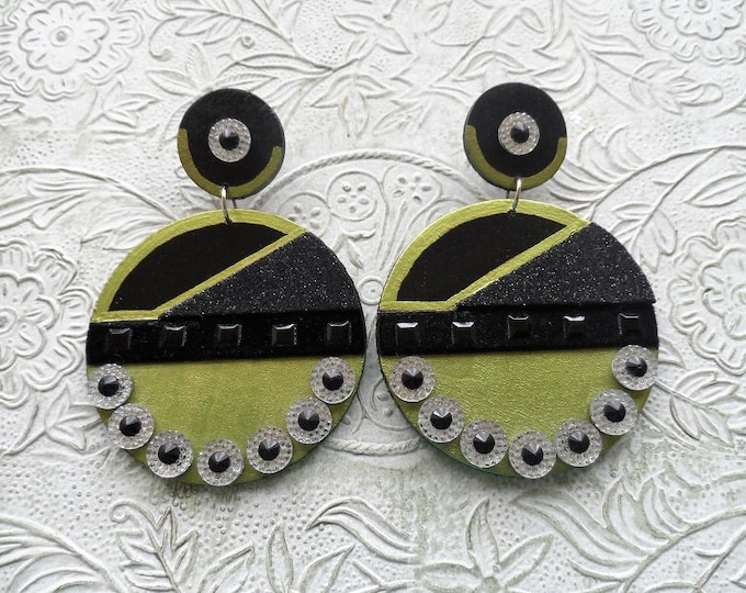 Black metallic green mixed media abstract earrings