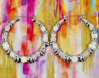 Faux silver bamboo hoop assorted white charm junk earrings - ONE OF A KIND