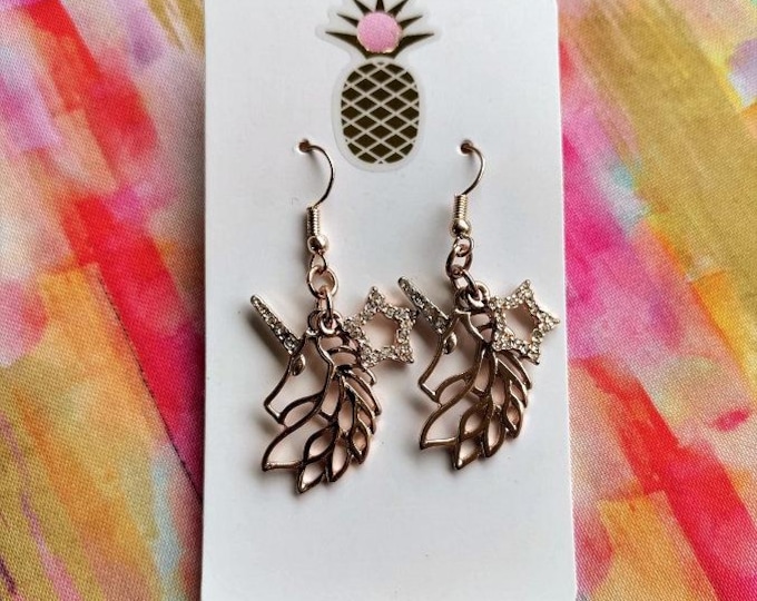 Unicorn Star rose gold rhinestone earrings - One of a Kind