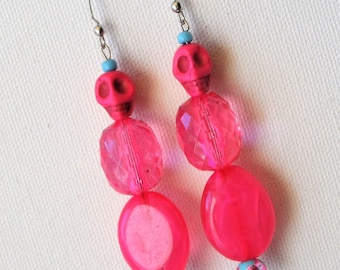 Pink skull resin drop earrings - One of a Kind