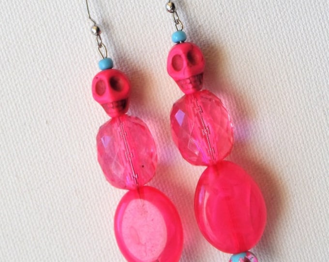Pink skull resin drop earrings - One of a Kind
