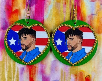 Bad Bunny inspired heart pink green Puerto Rican flag earrings - 2 options