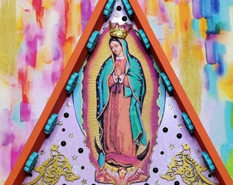 Virgen de Guadalupe triangle Shadow box mixed media - orange turquoise lavender - One of a Kind