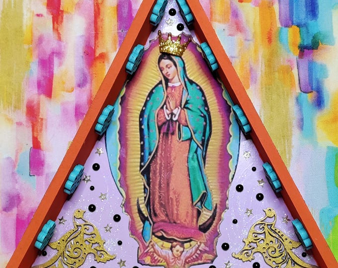 Virgen de Guadalupe triangle Shadow box mixed media - orange turquoise lavender - One of a Kind