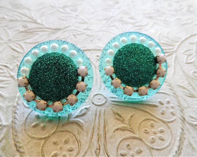 Glitter Button rhinestone pearl disc earrings - One of a Kind