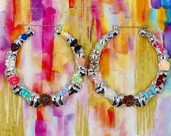 Faux silver bamboo hoop assorted charm junk earrings - ONE OF A KIND