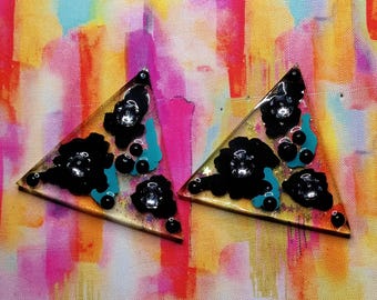Triangle rhinestone resin earrings - One of a Kind
