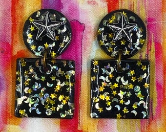 Black gold silver moon & stars resin earrings