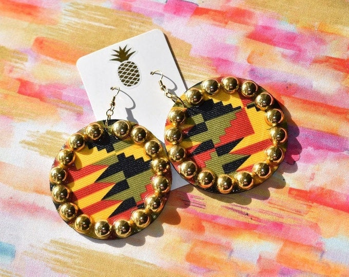 Kente cloth wood disc earrings - One of a Kind