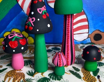 Whimsical Cherry theme hand painted wooden mushrooms - Set of 5 - One of a Kind