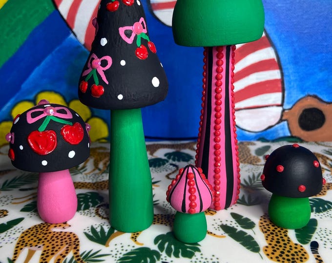 Whimsical Cherry theme hand painted wooden mushrooms - Set of 5 - One of a Kind