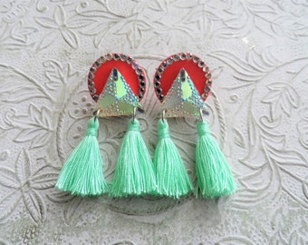 Coral and mint iridescent tassel earrings - One of a Kind