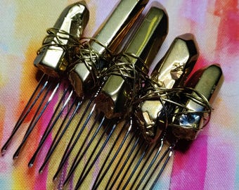 Gold luster quartz nugget hair comb - One of a Kind