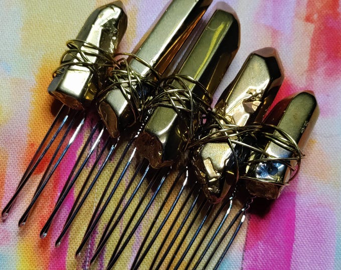 Gold luster quartz nugget hair comb - One of a Kind