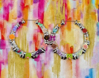 Faux silver bamboo hoop charm junk earrings - ONE OF A KIND