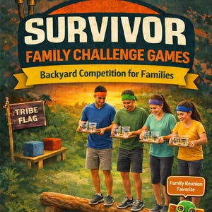 Puede incluir: Imagen vibrante que promociona "Survivor Family Challenge Games". El diseño presenta la palabra "SURVIVOR" en letras grandes, con el texto "FAMILY CHALLENGE GAMES" y "Backyard Competition for Families" debajo. Cuatro personas equilibran vasos de agua. Incluye letreros "Tribe Flag" e "Immunity Idol".