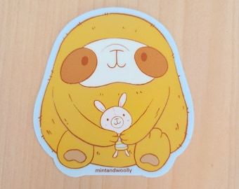 Cute Chubby Brown Sloth with Bunny Vinyl Sticker, Kawaii Sloth Vinyl Sticker