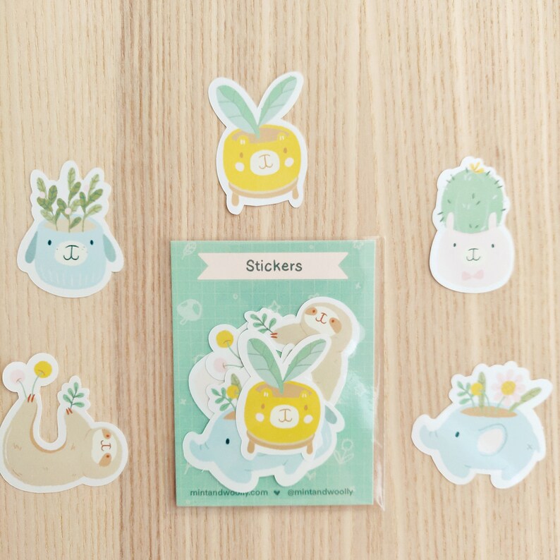 Cute Animal Planter Plant Sticker Pack, Sticker Pack Kawaii, Animal Sticker Flakes image 3