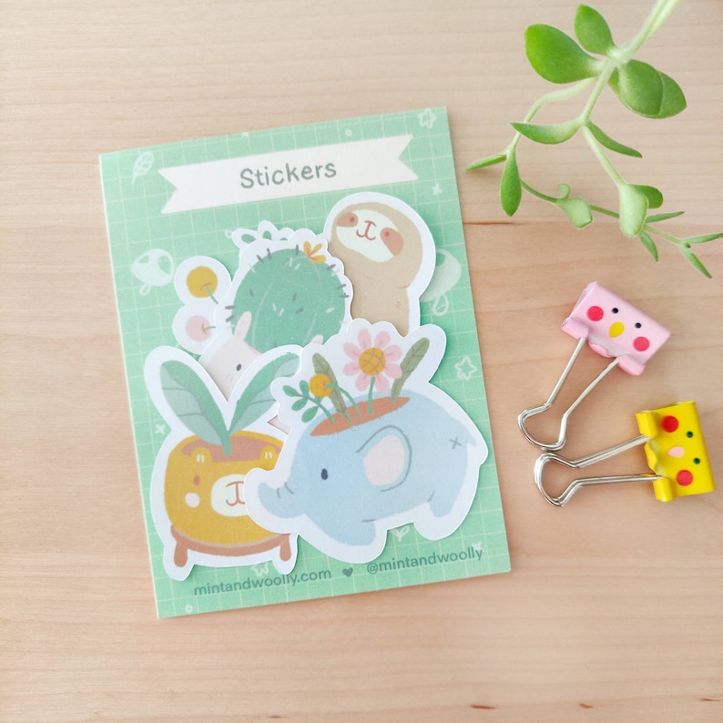 Cute Animal Planter Plant Sticker Pack, Sticker Pack Kawaii, Animal Sticker Flakes image 1