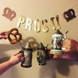 PROST & PRETZELS - Banner! Metallic Party Banner, Oktober decor, Beer Birthday Decor, Brewery Party, Bar Banner - More Colors Available!