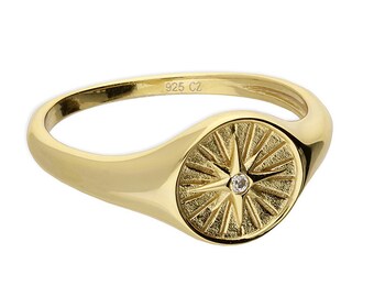 Compass Ring CZ Solitaire 18ct Yellow Gold on Solid Sterling Silver Sizes L R .925 Hallmark