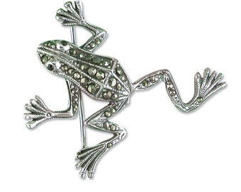 Marcasite Frog With Garnet Eyes Brooch 925 Sterling Silver Handmade