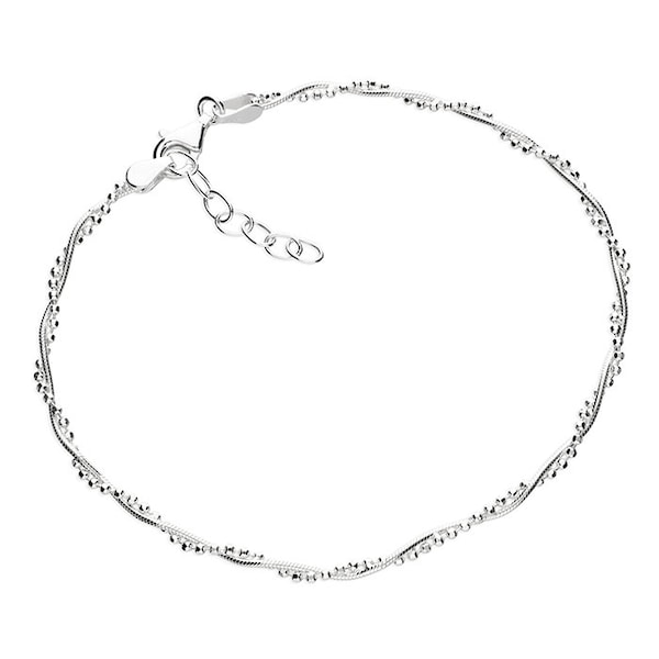 Silver Anklet Bead and Snake Chain 925 Sterling Silver Adjustable
