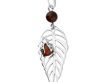 Cognac Amber Ladybird on an Open Leaf Pendant Solid Sterling Silver 925 Hallmark 24" Chain