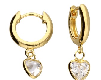 CZ Heart Charm Hinged Huggie Hoop Earrings 18ct Yellow Gold on Solid .925 Sterling Silver